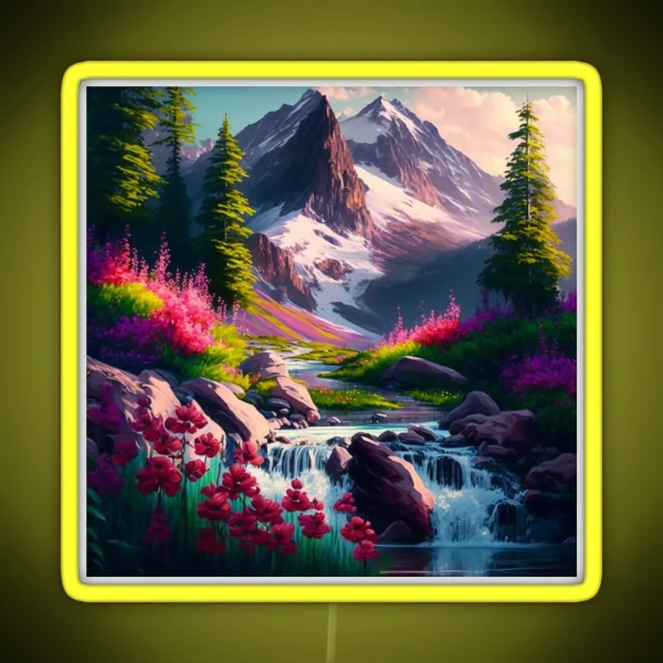 Flowery Waterfall Mountain Scene RGB Neon Sign