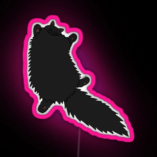 Fluffy Black Cat Stretch Plum Background RGB Neon Sign