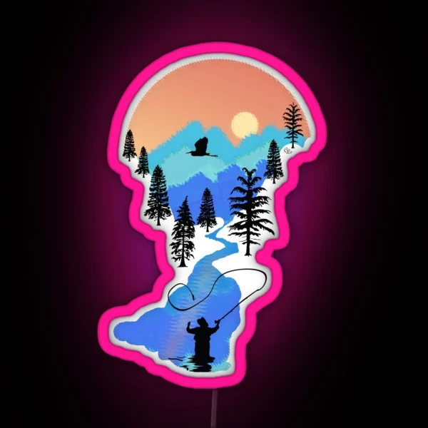 Fly Fishing Mountain Sunset RGB Neon Sign
