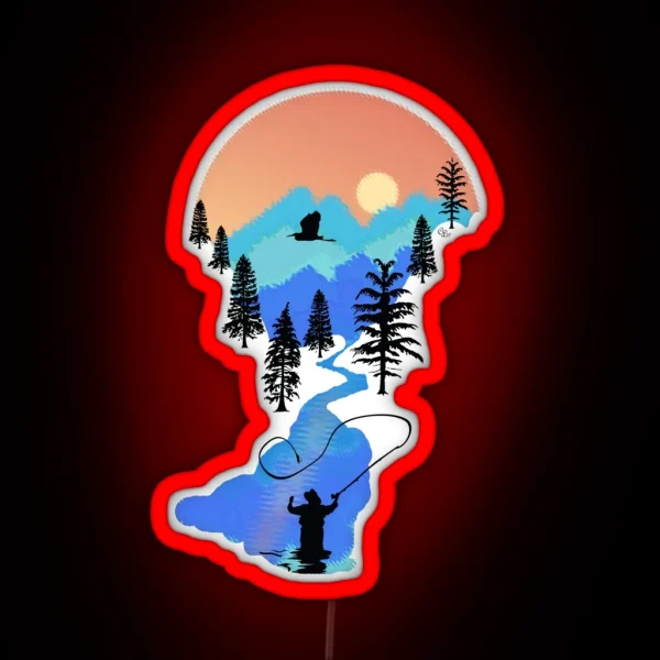 Fly Fishing Mountain Sunset RGB Neon Sign