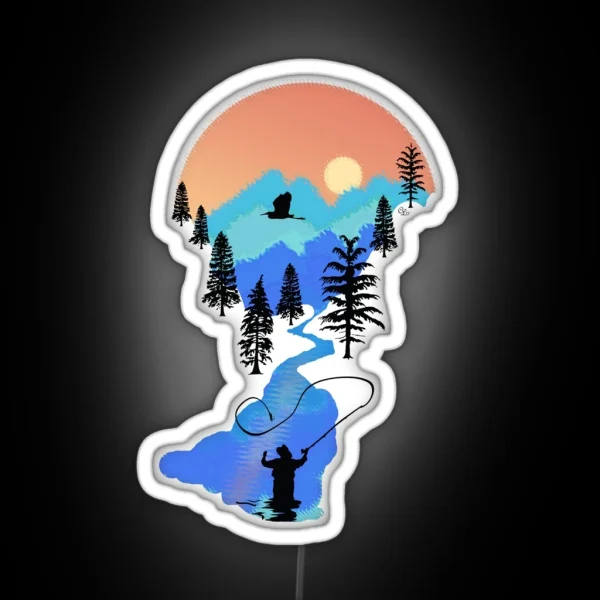 Fly Fishing Mountain Sunset RGB Neon Sign