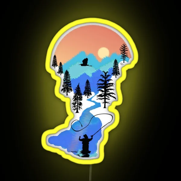 Fly Fishing Mountain Sunset RGB Neon Sign