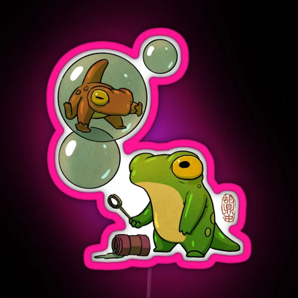 Froglets Playing With Bubbles Whimsical Artwork Asian Style RGB Neon Sign