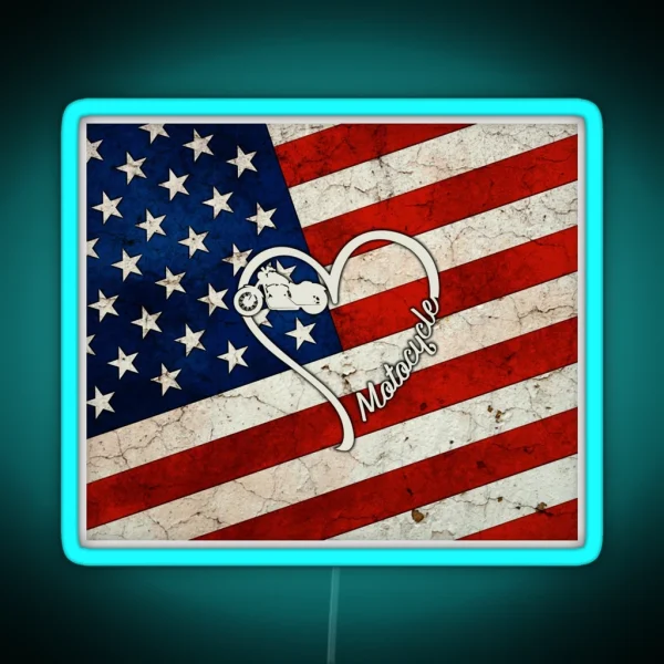 Full American Flag Heart Motorcycle RGB Neon Sign