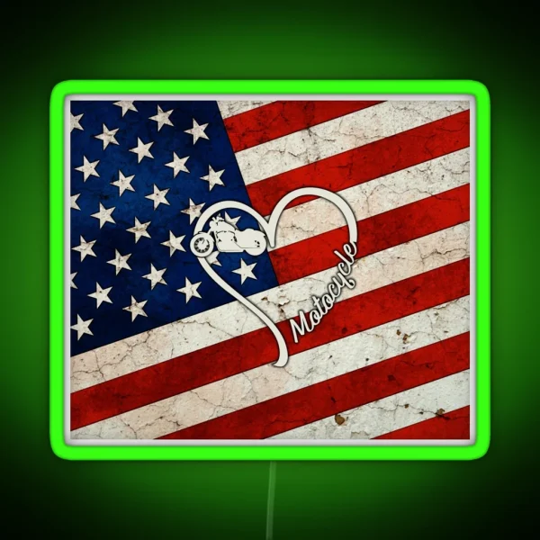 Full American Flag Heart Motorcycle RGB Neon Sign