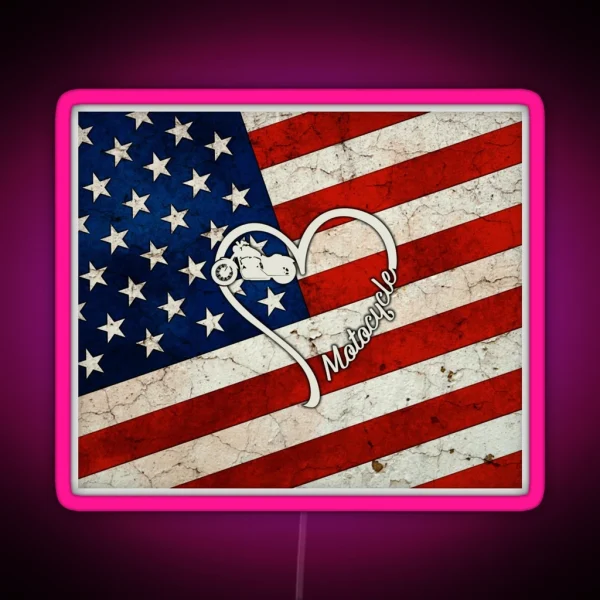Full American Flag Heart Motorcycle RGB Neon Sign