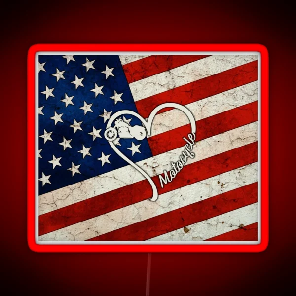 Full American Flag Heart Motorcycle RGB Neon Sign