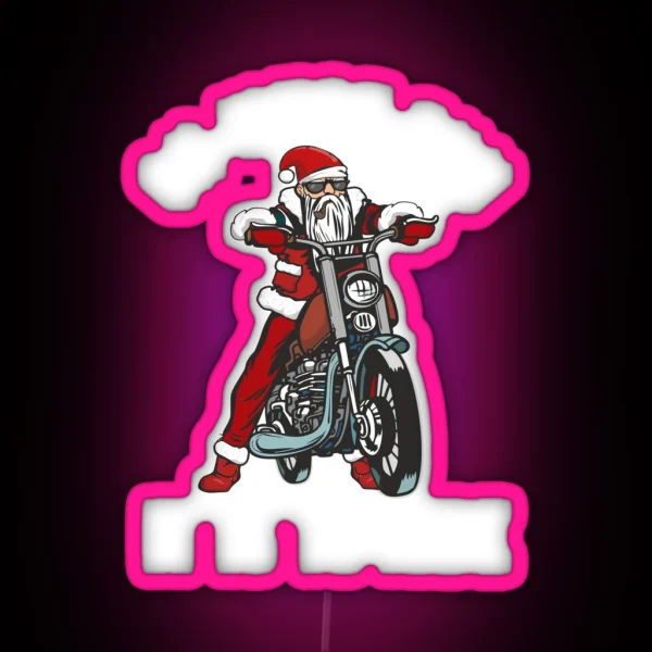 Funny Biker Santa Claus Riding A Bike RGB Neon Sign