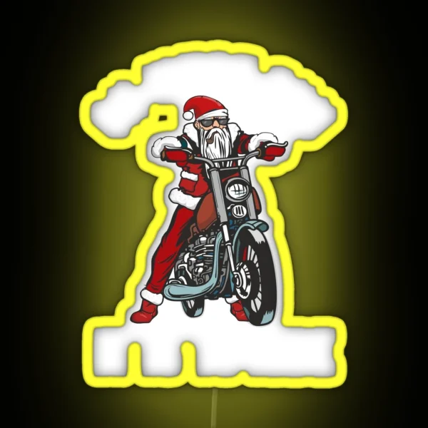 Funny Biker Santa Claus Riding A Bike RGB Neon Sign