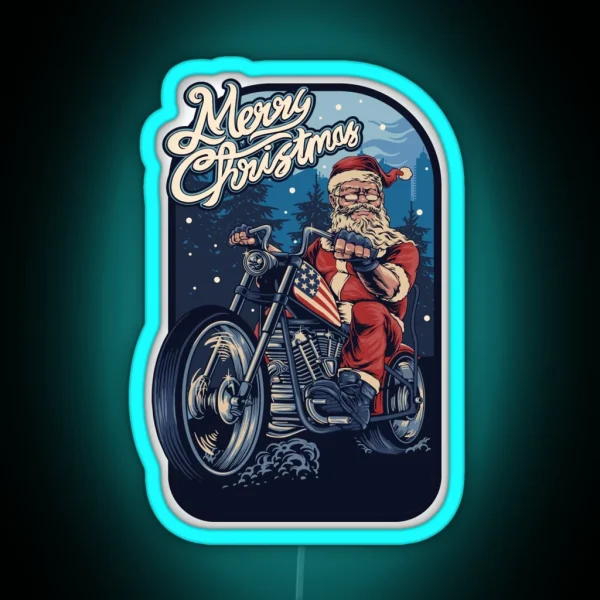 Funny Christmas 2021 Santa Claus On A USA Motorcycle RGB Neon Sign