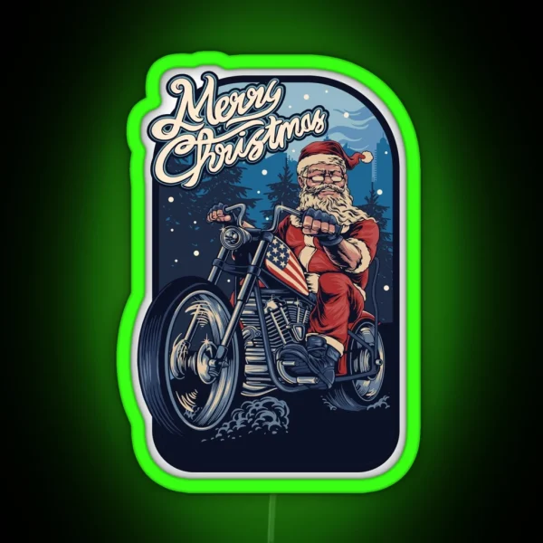 Funny Christmas 2021 Santa Claus On A USA Motorcycle RGB Neon Sign