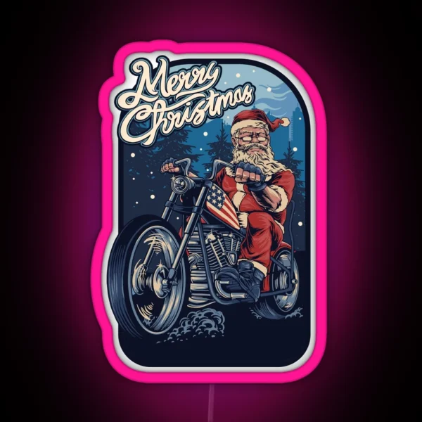 Funny Christmas 2021 Santa Claus On A USA Motorcycle RGB Neon Sign