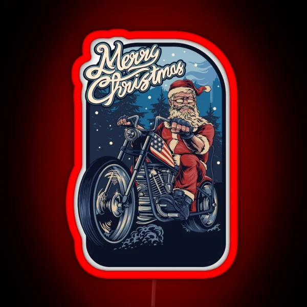 Funny Christmas 2021 Santa Claus On A USA Motorcycle RGB Neon Sign
