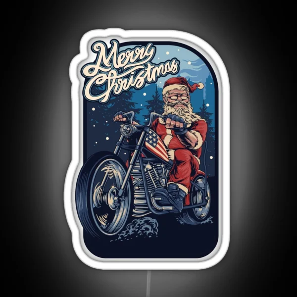 Funny Christmas 2021 Santa Claus On A USA Motorcycle RGB Neon Sign