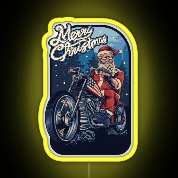 Funny Christmas 2021 Santa Claus On A USA Motorcycle RGB Neon Sign