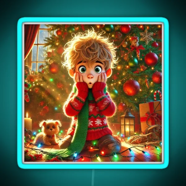 Funny Christmas Scene Surprised Boy And RGB Neon Sign