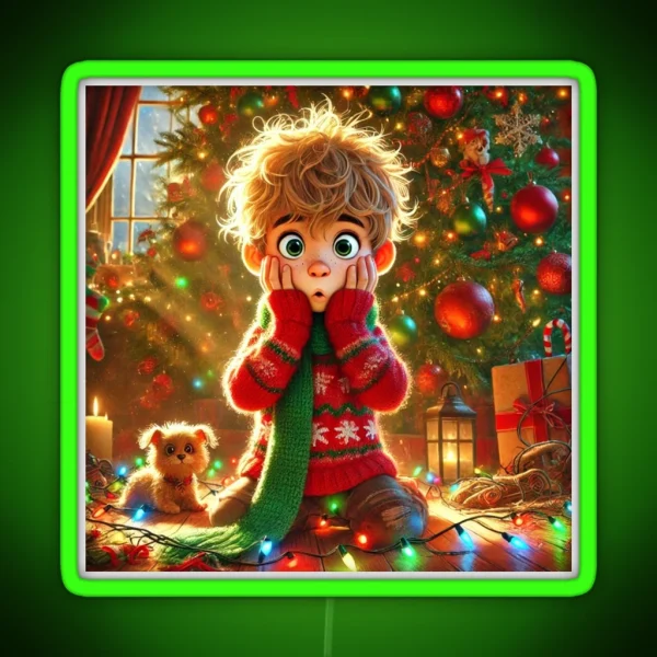 Funny Christmas Scene Surprised Boy And RGB Neon Sign