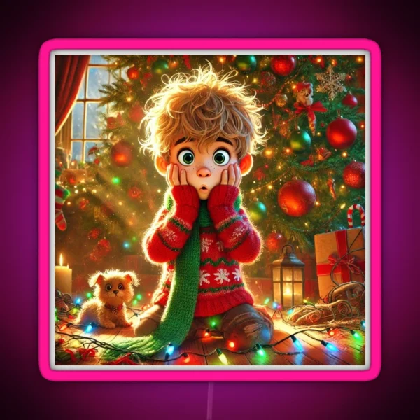 Funny Christmas Scene Surprised Boy And RGB Neon Sign