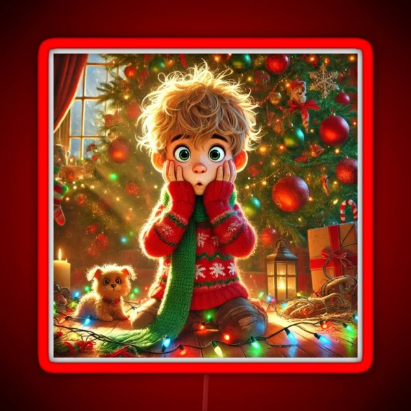 Funny Christmas Scene Surprised Boy And RGB Neon Sign