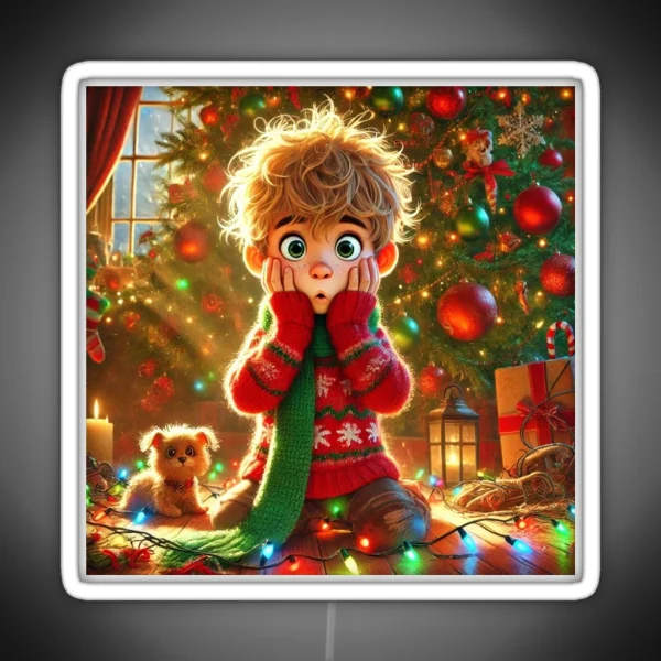 Funny Christmas Scene Surprised Boy And RGB Neon Sign