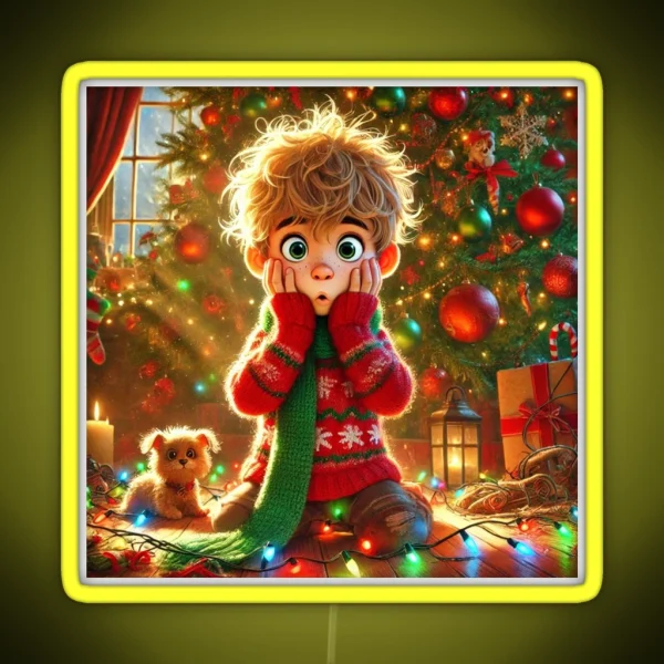 Funny Christmas Scene Surprised Boy And RGB Neon Sign