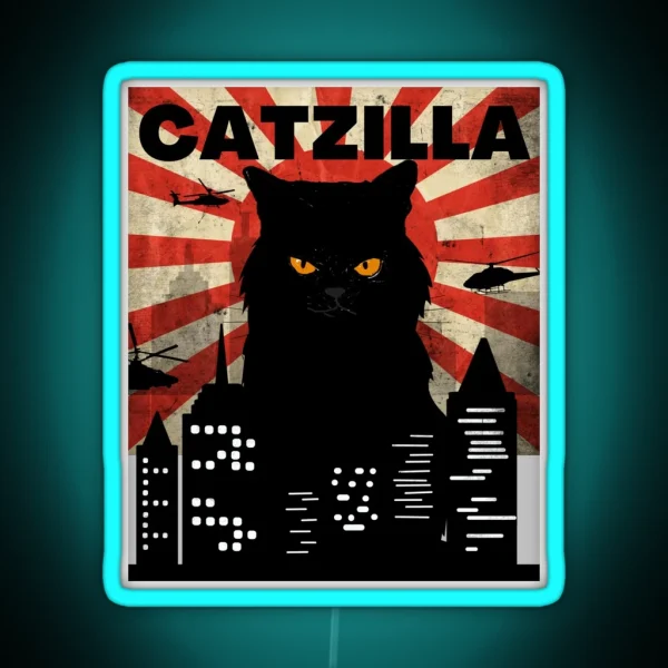 FUNNY VINTAGE CAT MONSTER MEME CALLED CATZILLA FOR RGB Neon Sign