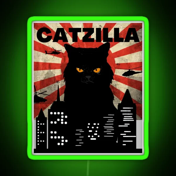 FUNNY VINTAGE CAT MONSTER MEME CALLED CATZILLA FOR RGB Neon Sign