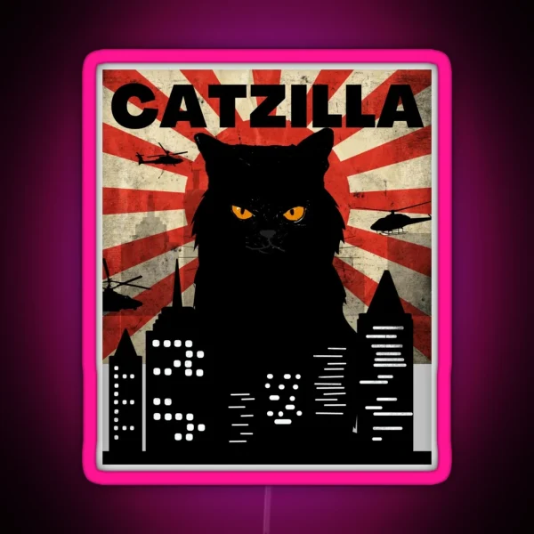FUNNY VINTAGE CAT MONSTER MEME CALLED CATZILLA FOR RGB Neon Sign