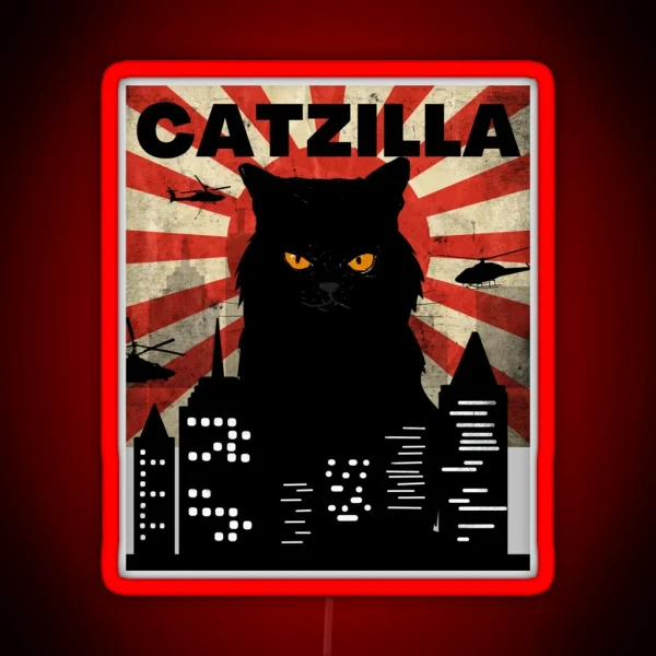 FUNNY VINTAGE CAT MONSTER MEME CALLED CATZILLA FOR RGB Neon Sign