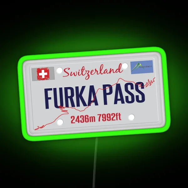 Furka Pass Swiss Roadtrip Licence Plate Design RGB Neon Sign
