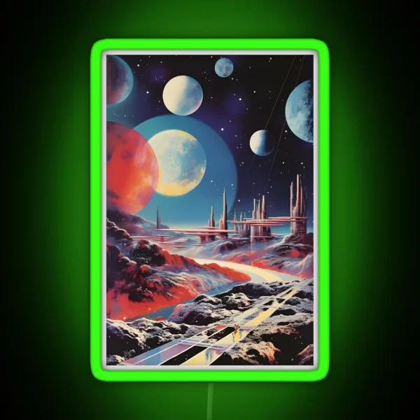 Futuristic Cosmic Landscape Of Extraterrestrial Surface With Futuristic Buildings Rocky Canyon Planets And Shining Stars RGB Neon Sign