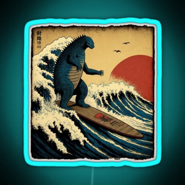 Godzilla Surfing The Great Wave RGB Neon Sign