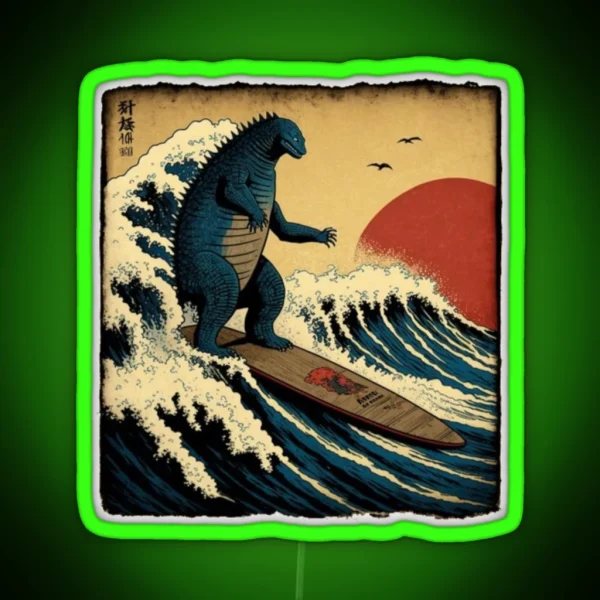 Godzilla Surfing The Great Wave RGB Neon Sign