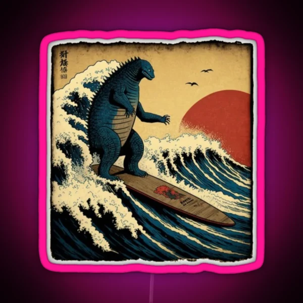 Godzilla Surfing The Great Wave RGB Neon Sign