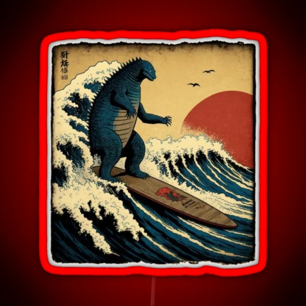 Godzilla Surfing The Great Wave RGB Neon Sign