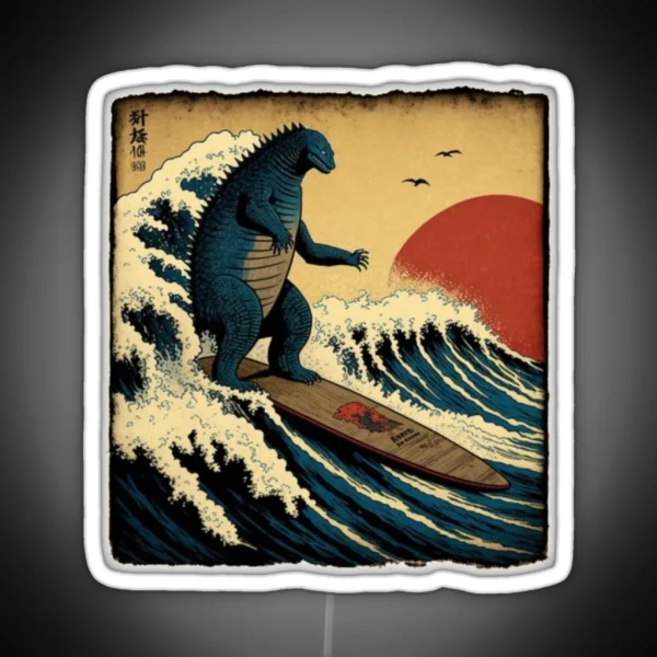 Godzilla Surfing The Great Wave RGB Neon Sign
