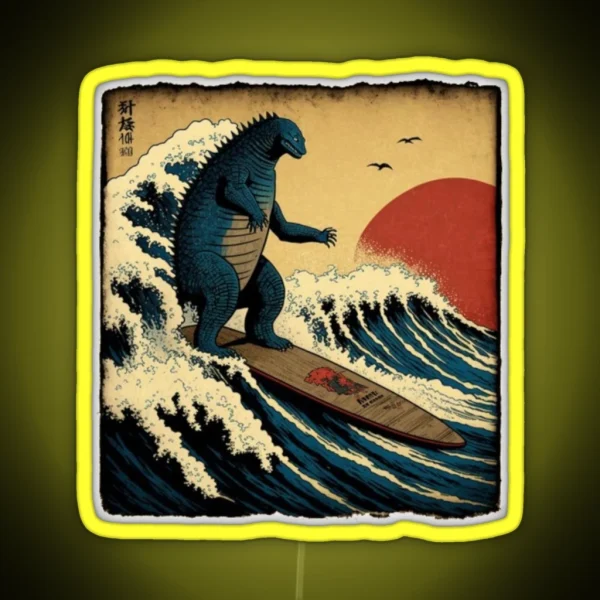 Godzilla Surfing The Great Wave RGB Neon Sign