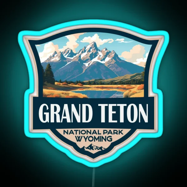 Grand Teton National Park Illustration Travel Retro Badge RGB Neon Sign