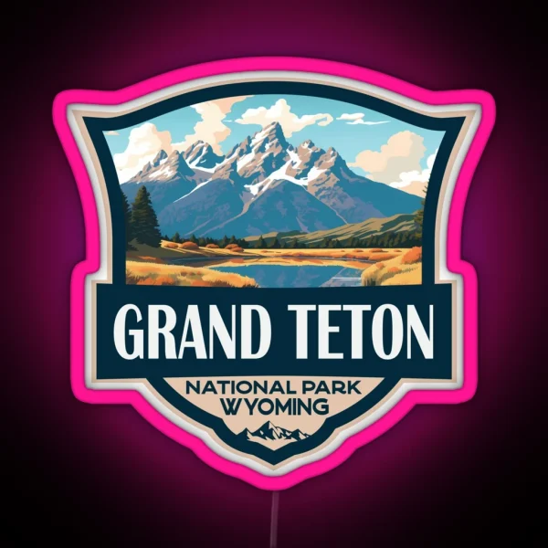 Grand Teton National Park Illustration Travel Retro Badge RGB Neon Sign