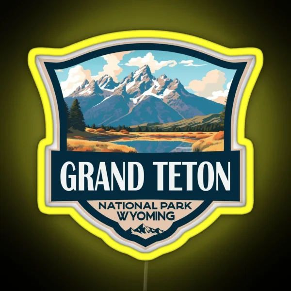 Grand Teton National Park Illustration Travel Retro Badge RGB Neon Sign