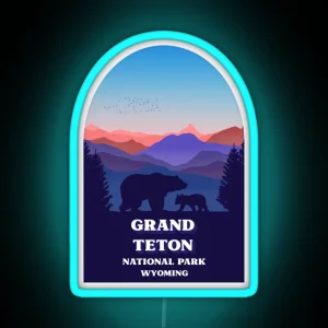 Grand Teton National Park Wyoming Bear Sunrise Mountains RGB Neon Sign