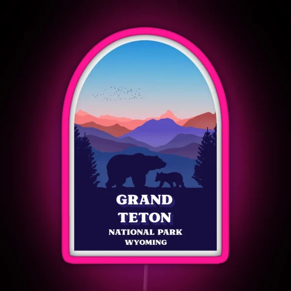 Grand Teton National Park Wyoming Bear Sunrise Mountains RGB Neon Sign