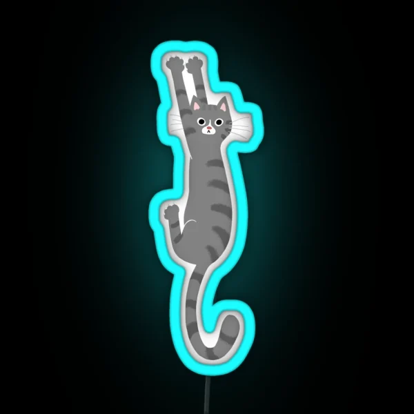 Grey Tabby Cat Hanging On Funny Gray Striped RGB Neon Sign