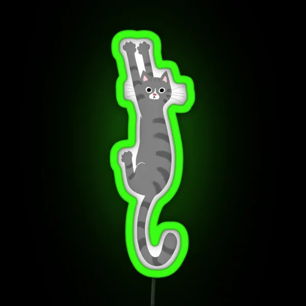 Grey Tabby Cat Hanging On Funny Gray Striped RGB Neon Sign