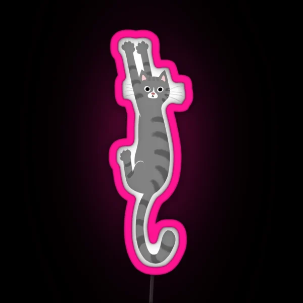 Grey Tabby Cat Hanging On Funny Gray Striped RGB Neon Sign