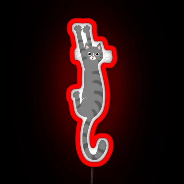 Grey Tabby Cat Hanging On Funny Gray Striped RGB Neon Sign