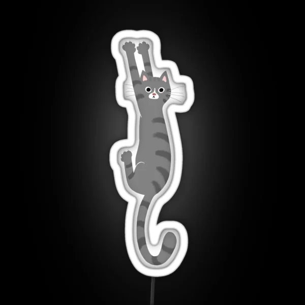 Grey Tabby Cat Hanging On Funny Gray Striped RGB Neon Sign