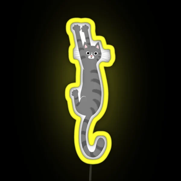 Grey Tabby Cat Hanging On Funny Gray Striped RGB Neon Sign