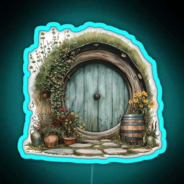 Halfling Round Door In Watercolor Fantasy RGB Neon Sign