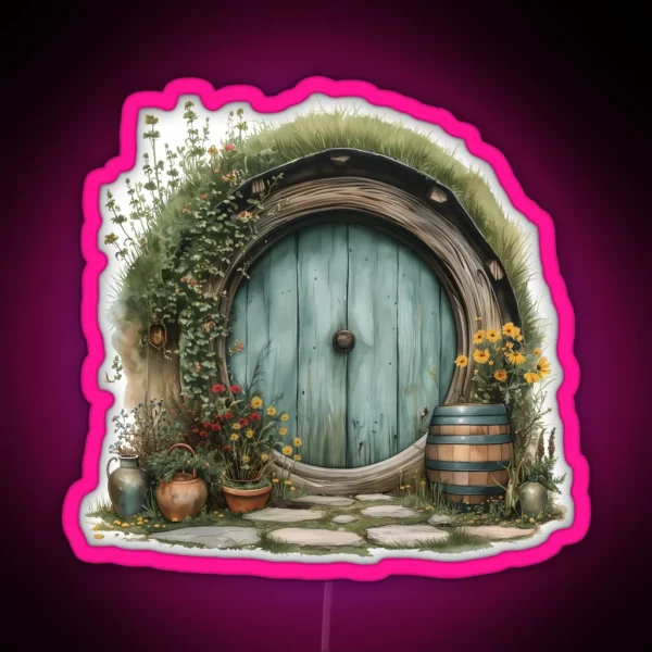 Halfling Round Door In Watercolor Fantasy RGB Neon Sign